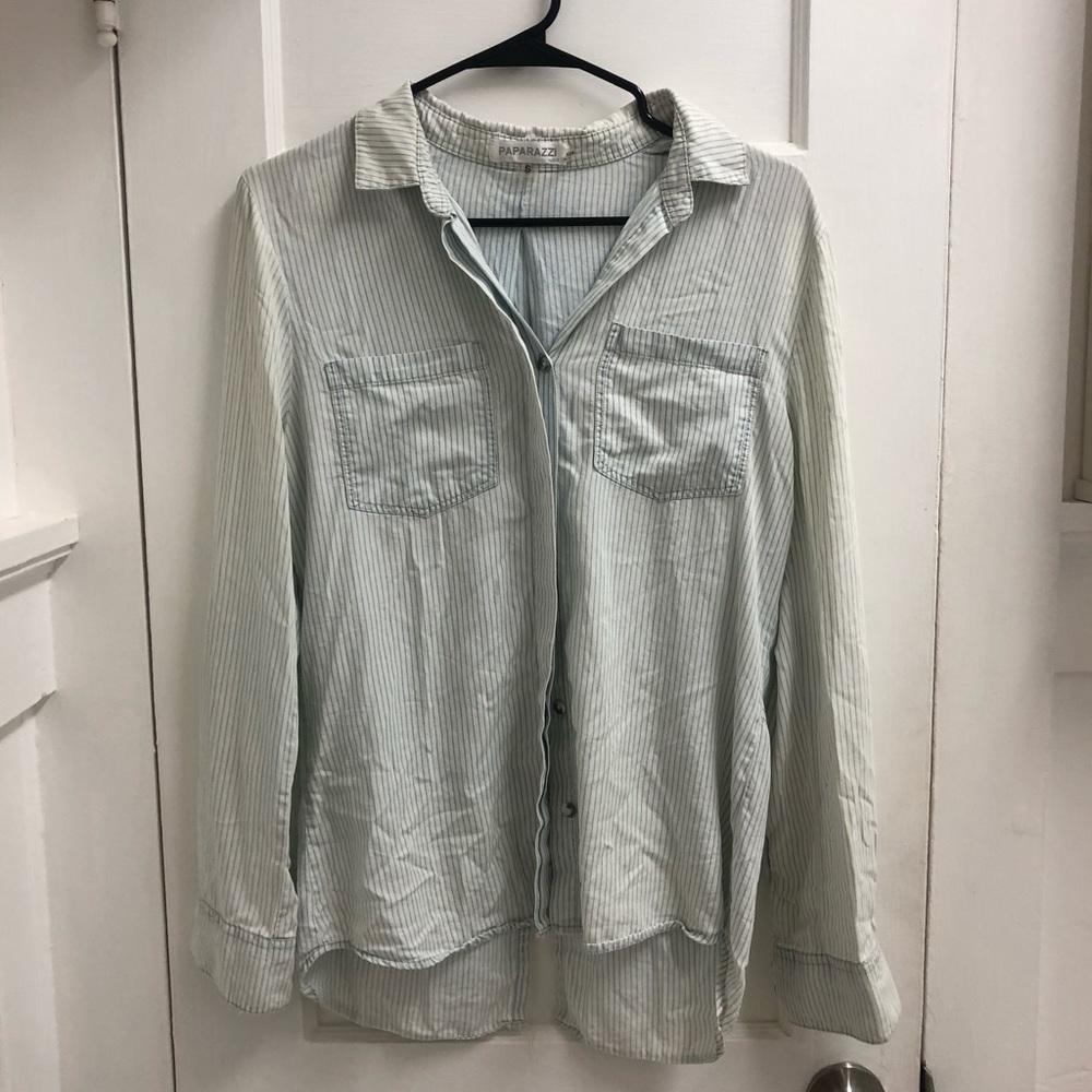 Blue/green striped long sleeve blouse